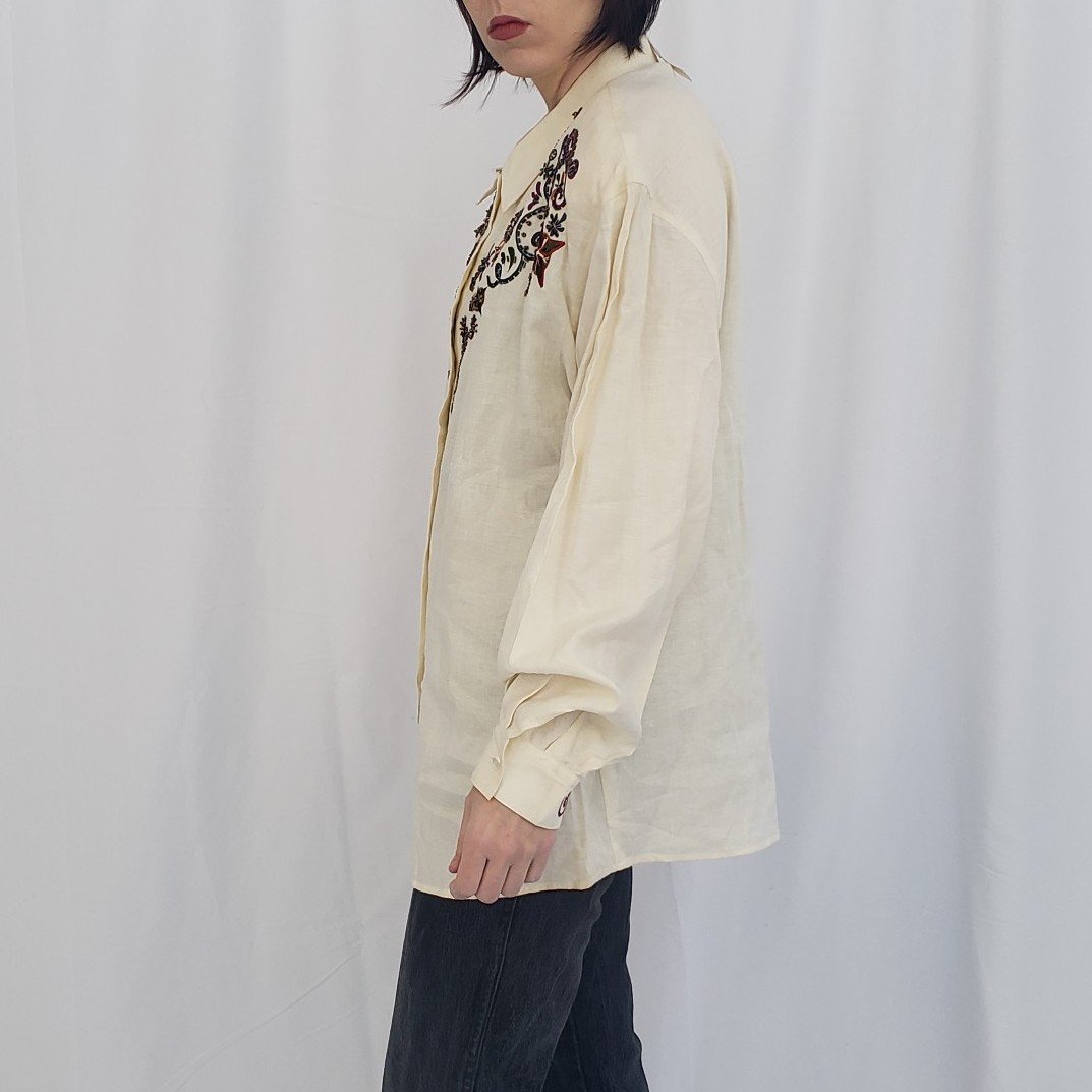 90s Deadstock I.B. Diffusion Linen Beaded Blouse