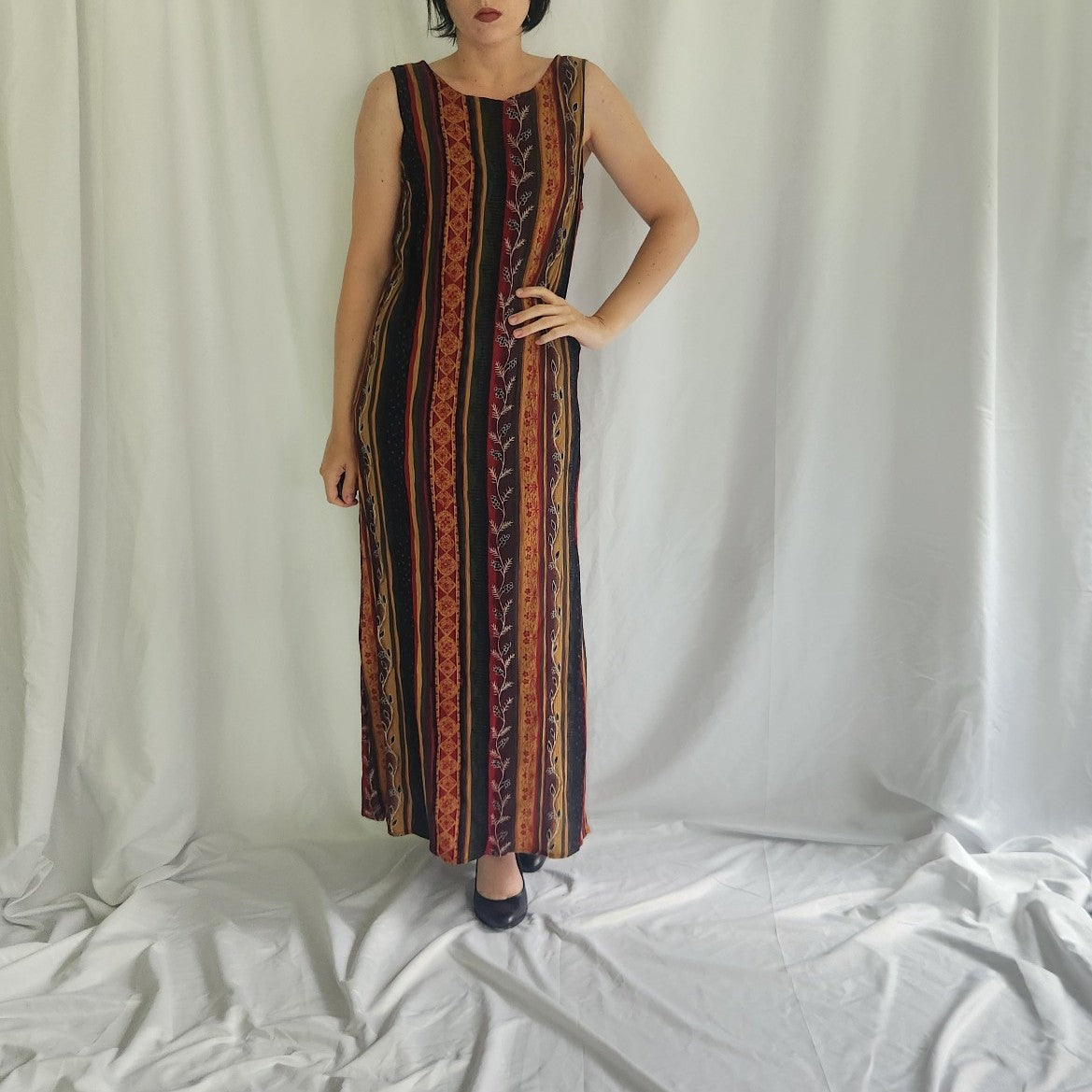 90s Red, Green, and Yellow Striped Sleeveless Maxi Dress