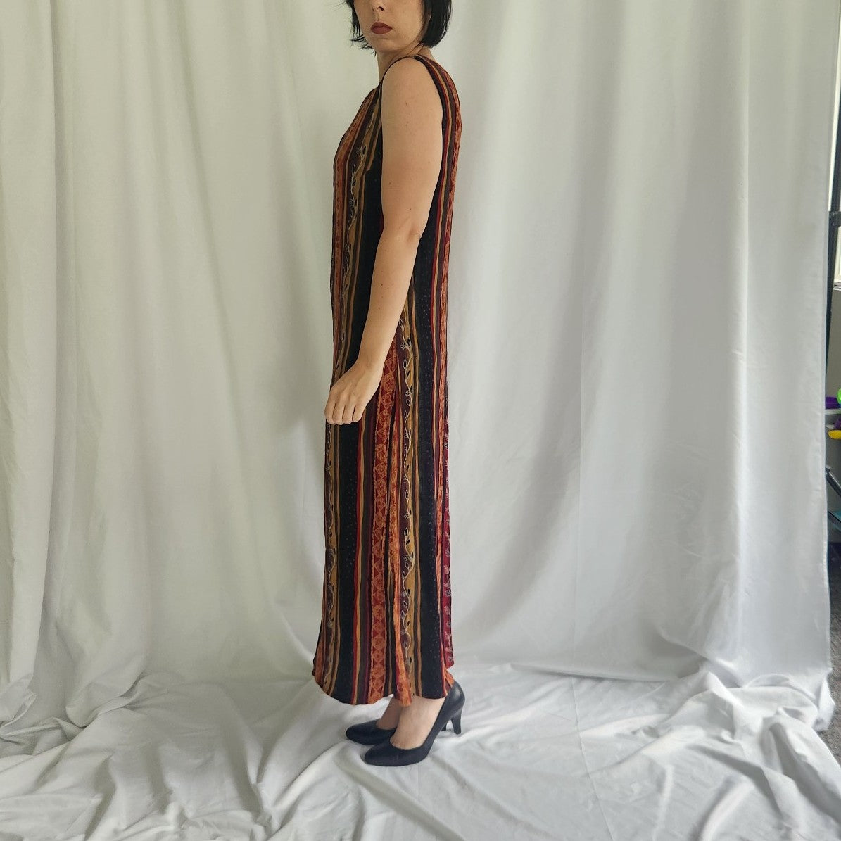 90s Red, Green, and Yellow Striped Sleeveless Maxi Dress