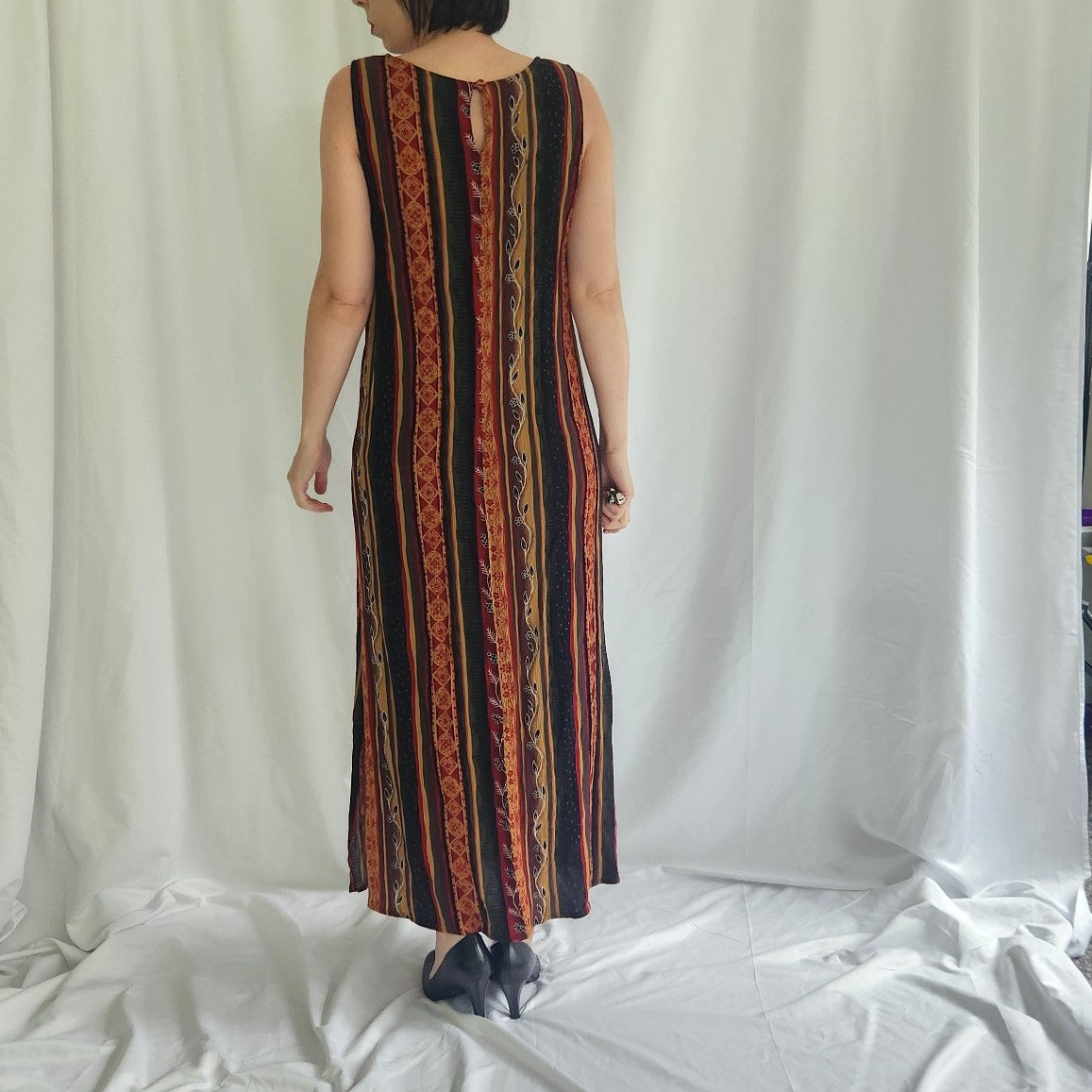 90s Red, Green, and Yellow Striped Sleeveless Maxi Dress