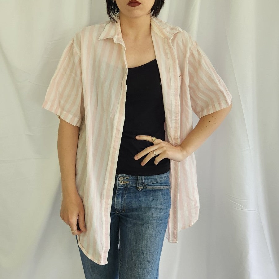 90s Pink and White Striped Cotton Button Down
