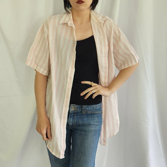 90s Pink and White Striped Cotton Button Down
