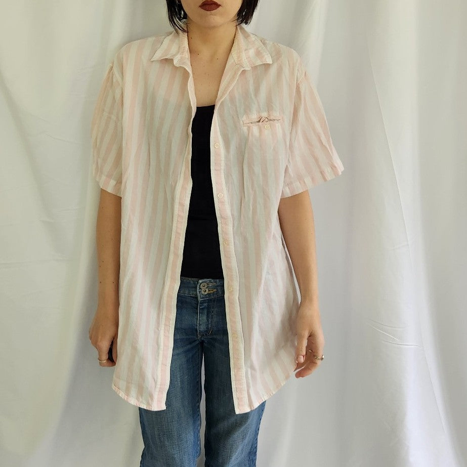 90s Pink and White Striped Cotton Button Down