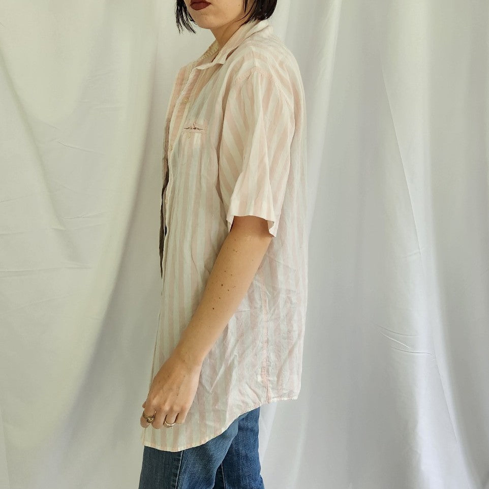 90s Pink and White Striped Cotton Button Down