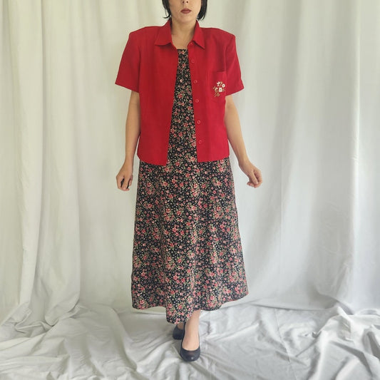 90s/00s Black and Red Floral Dress and Top