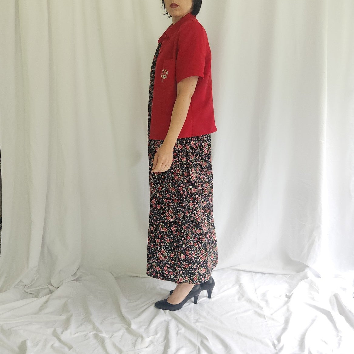 90s/00s Black and Red Floral Dress and Top