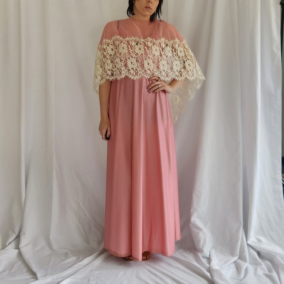 70s Pink Gown with Sheer Overlay