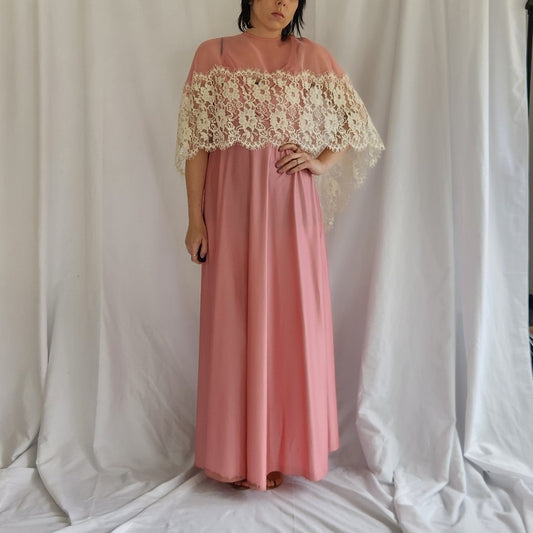 70s Pink Gown with Sheer Overlay
