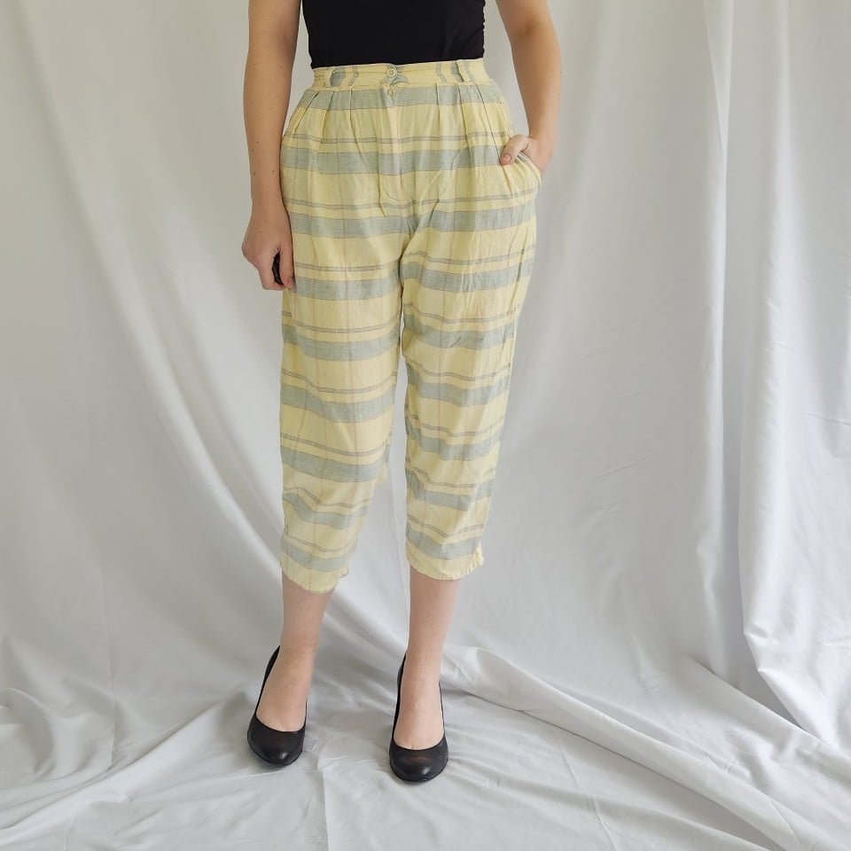 80s Yellow Plaid Cropped Pants