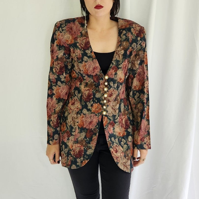 90s Green and Pink Rose Print Jacket