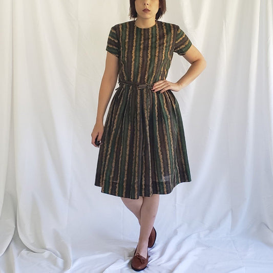 50s/60s Hand Made Green and Brown Striped Day Dress