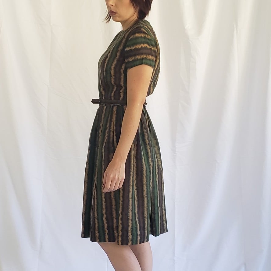 50s/60s Hand Made Green and Brown Striped Day Dress