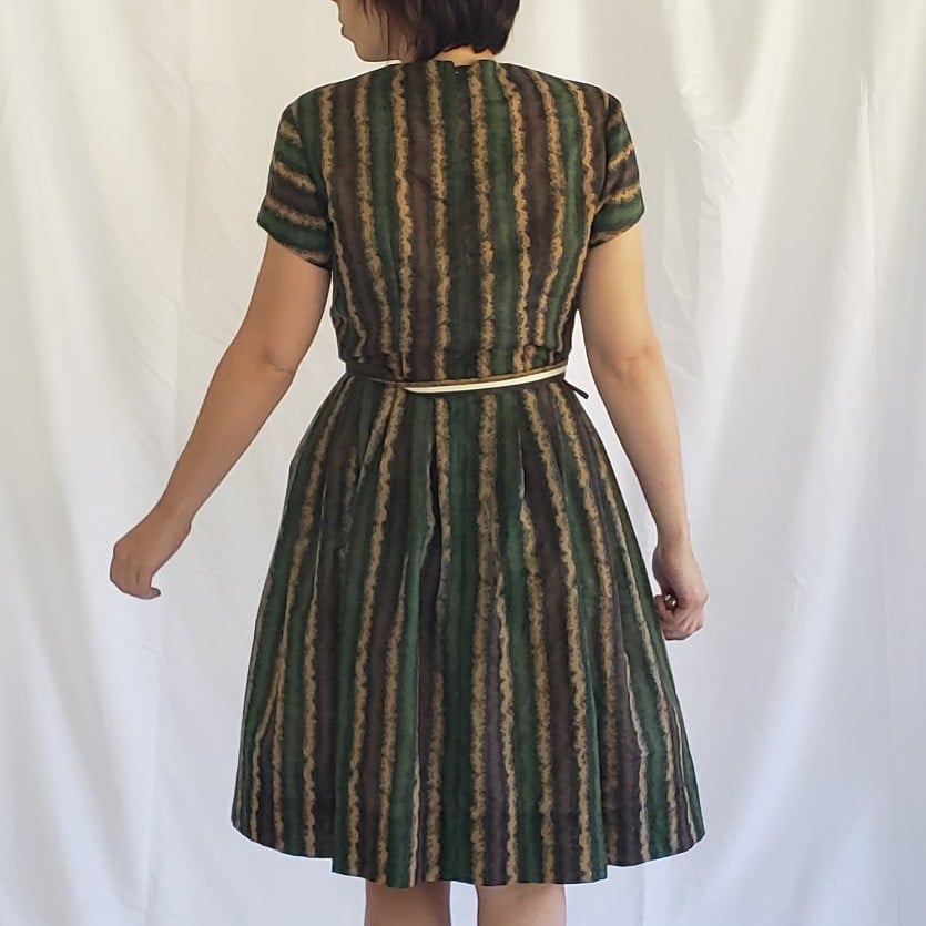 50s/60s Hand Made Green and Brown Striped Day Dress