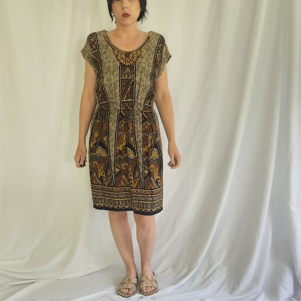 90s/00s Brown Beaded Rayon Day Dress