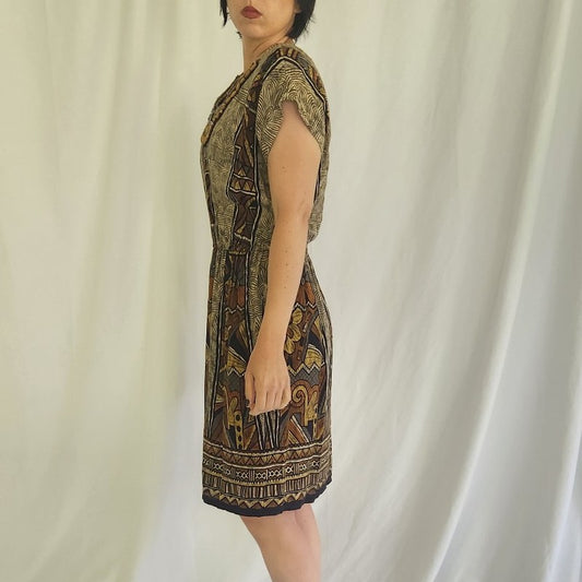 90s/00s Brown Beaded Rayon Day Dress