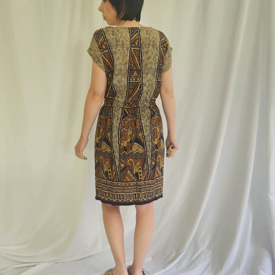 90s/00s Brown Beaded Rayon Day Dress