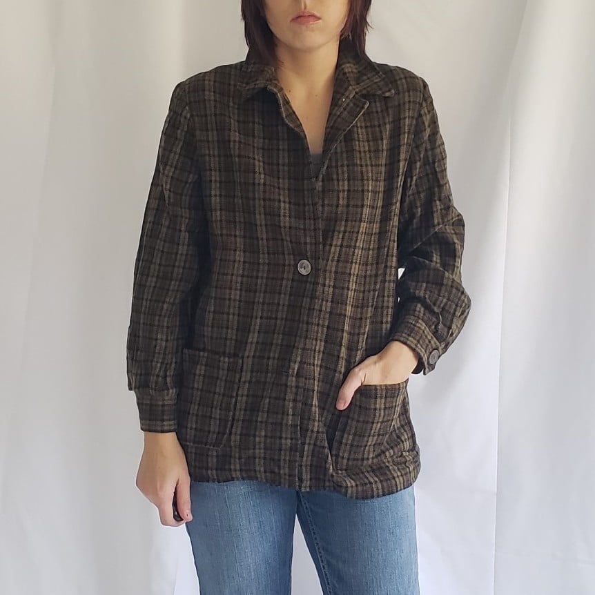 60s/70s Brown and Green Plaid Wool Shacket