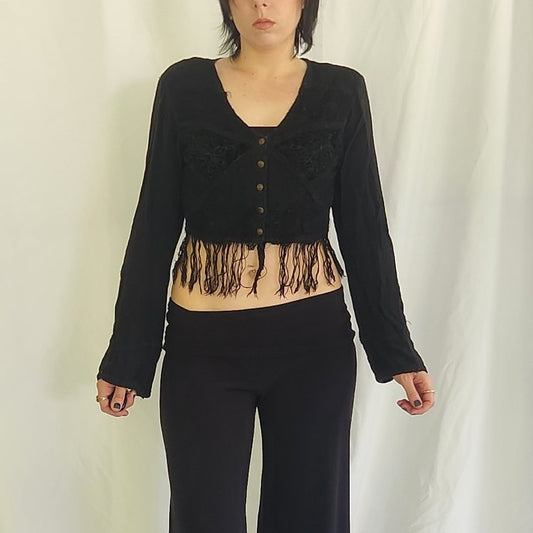 90s Black Rayon Boho Top