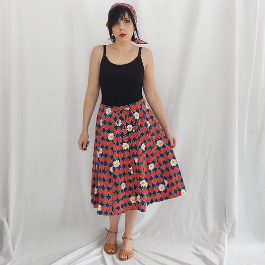 70s Handmade Strawberry and Daisy Print Skirt and Kerchief