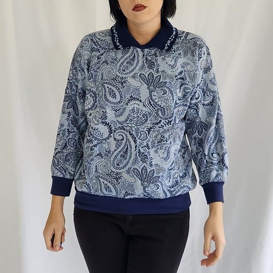 90s Blue Paisley Collared Sweatshirt