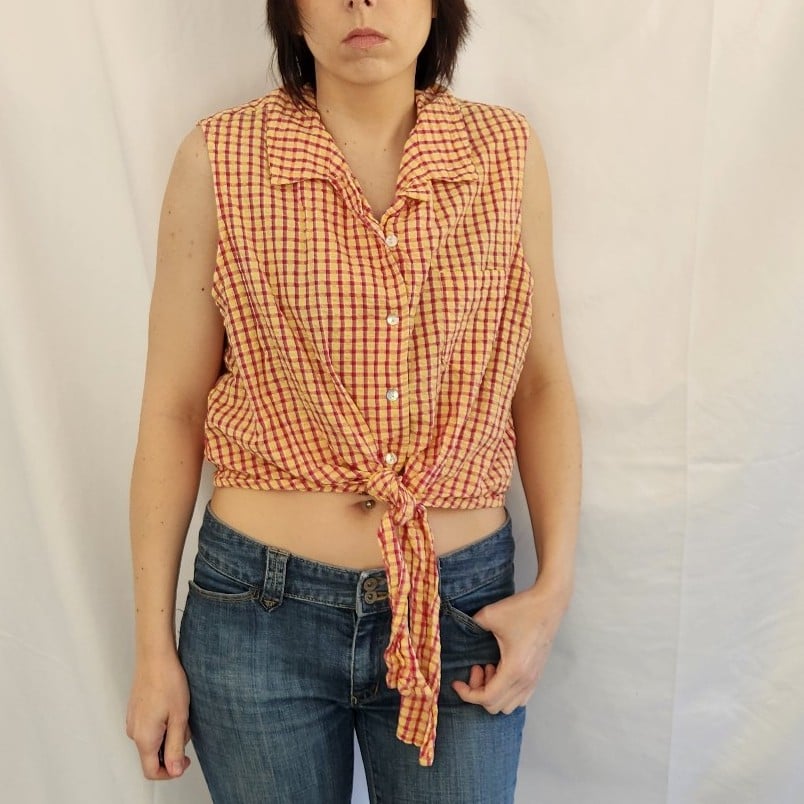 Pink and Yellow Cotton Plaid Sleeveless Shirt