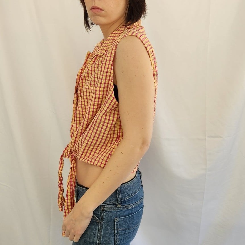 Pink and Yellow Cotton Plaid Sleeveless Shirt
