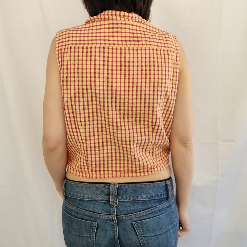 Pink and Yellow Cotton Plaid Sleeveless Shirt
