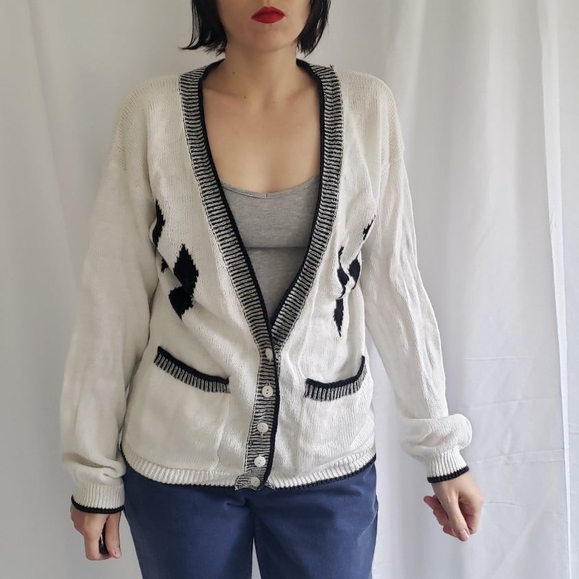 80s Black and White Geometric Cardigan