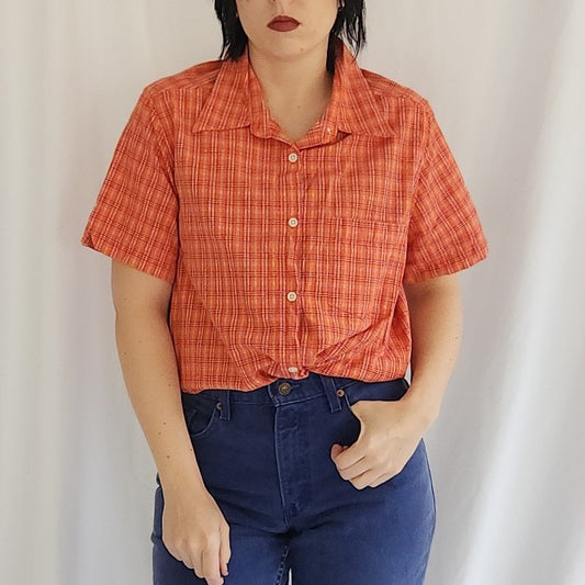 90s/00s 100% Cotton Orange and Red Plaid Button Down