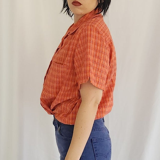 90s/00s 100% Cotton Orange and Red Plaid Button Down