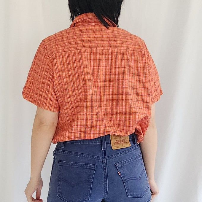 90s/00s 100% Cotton Orange and Red Plaid Button Down