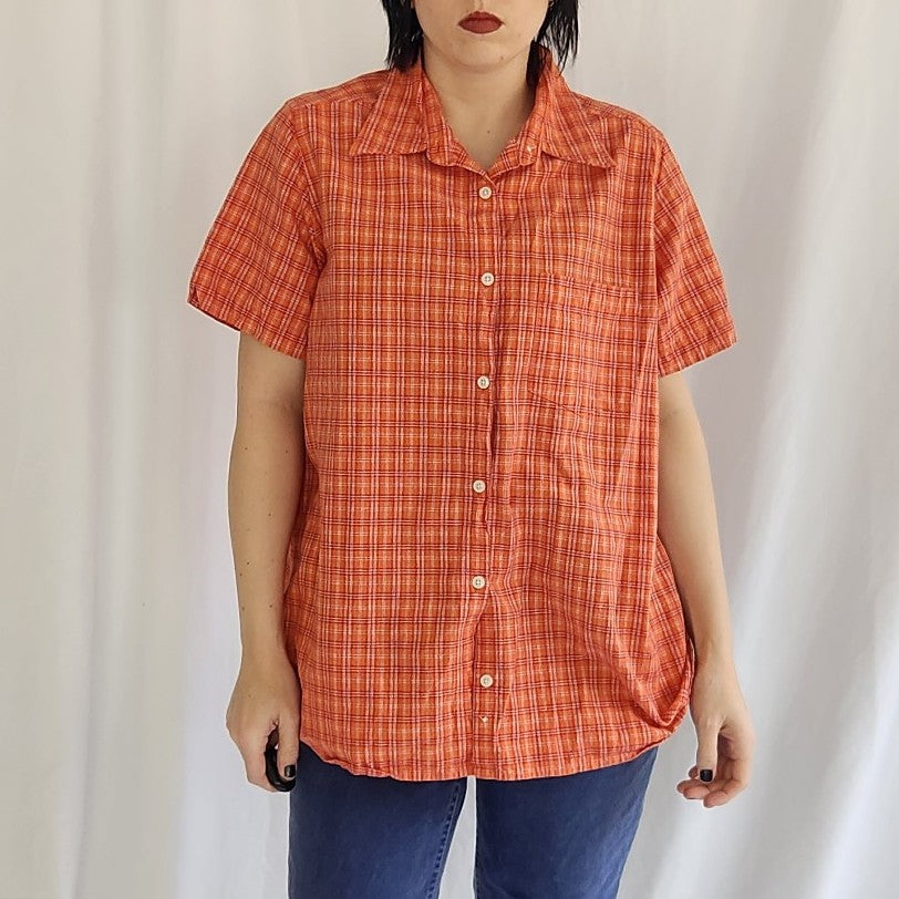 90s/00s 100% Cotton Orange and Red Plaid Button Down