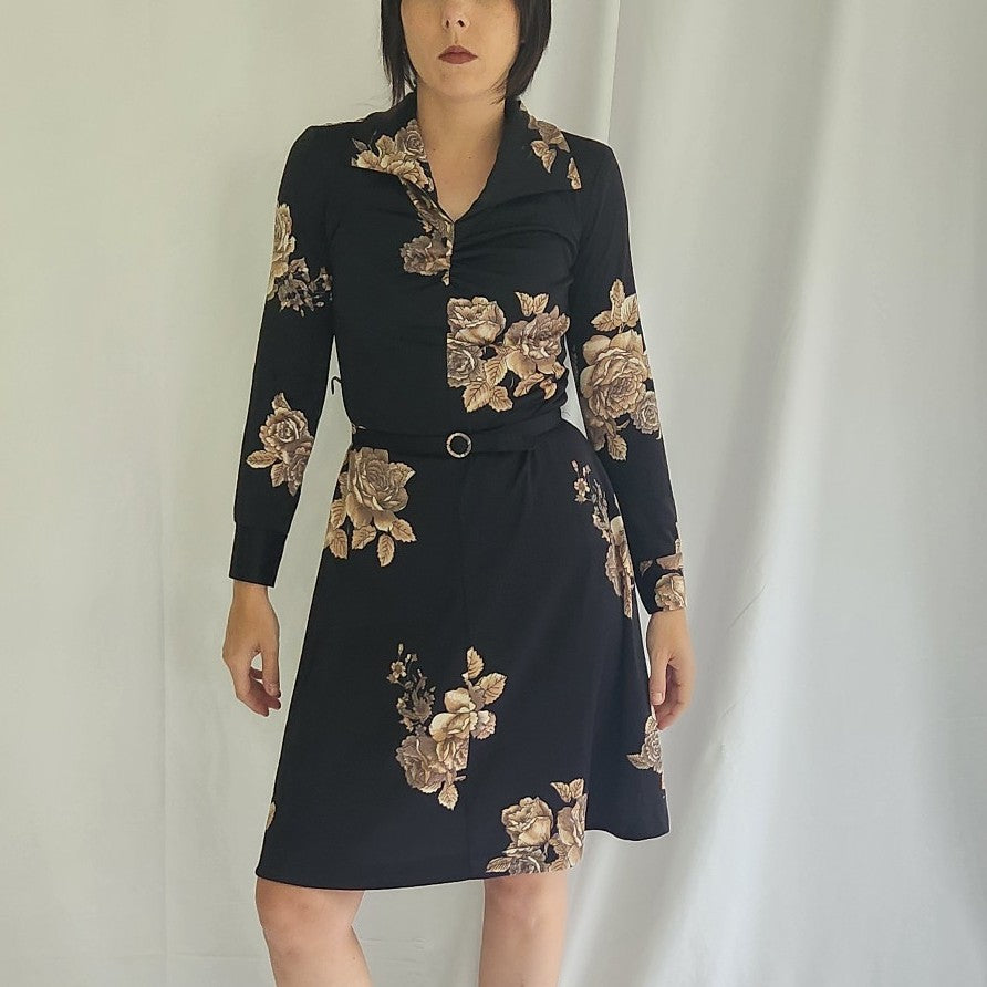 70s Gray and Pink Floral Long Sleeve Dress