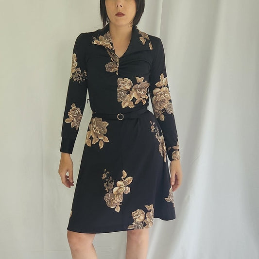 70s Gray and Pink Floral Long Sleeve Dress
