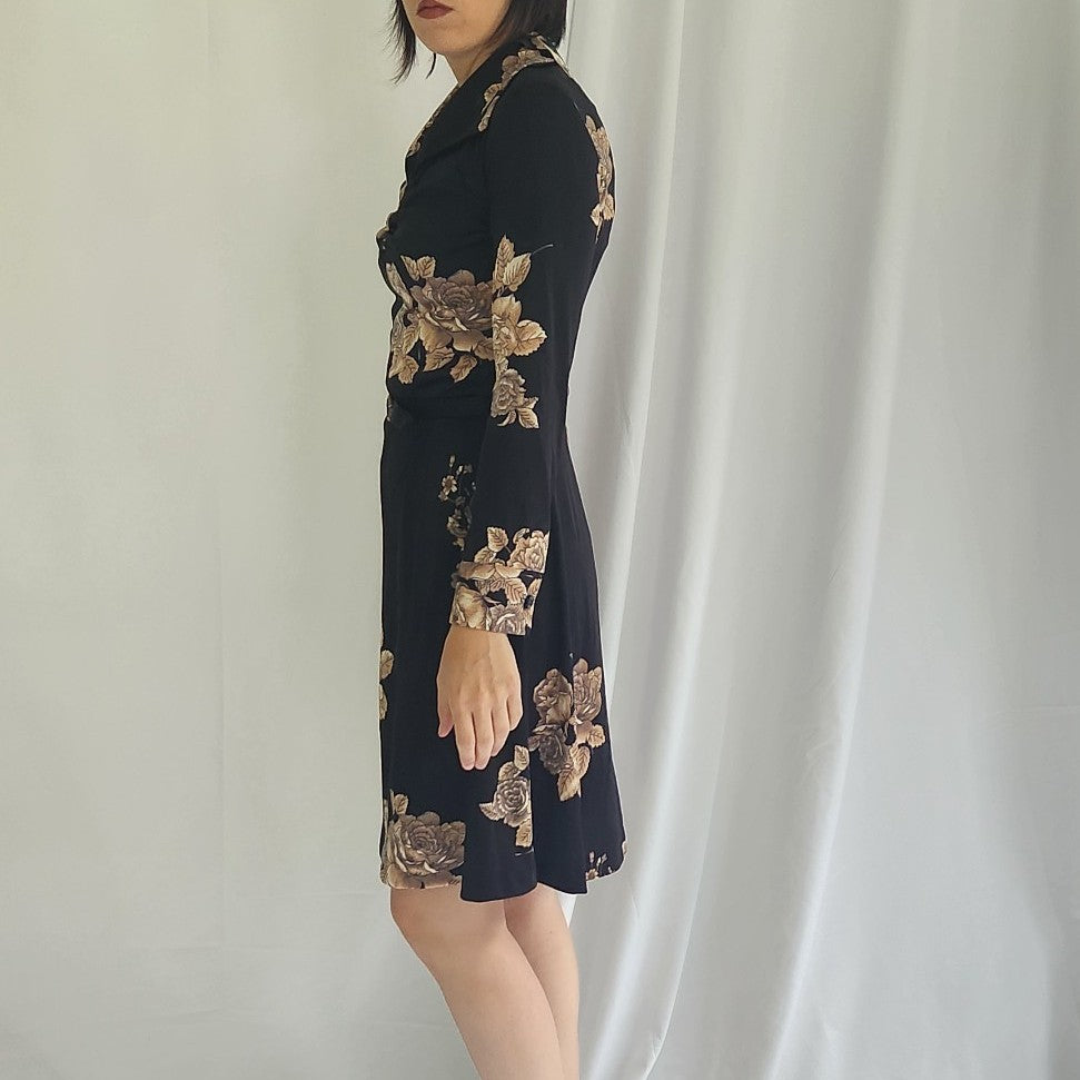 70s Gray and Pink Floral Long Sleeve Dress