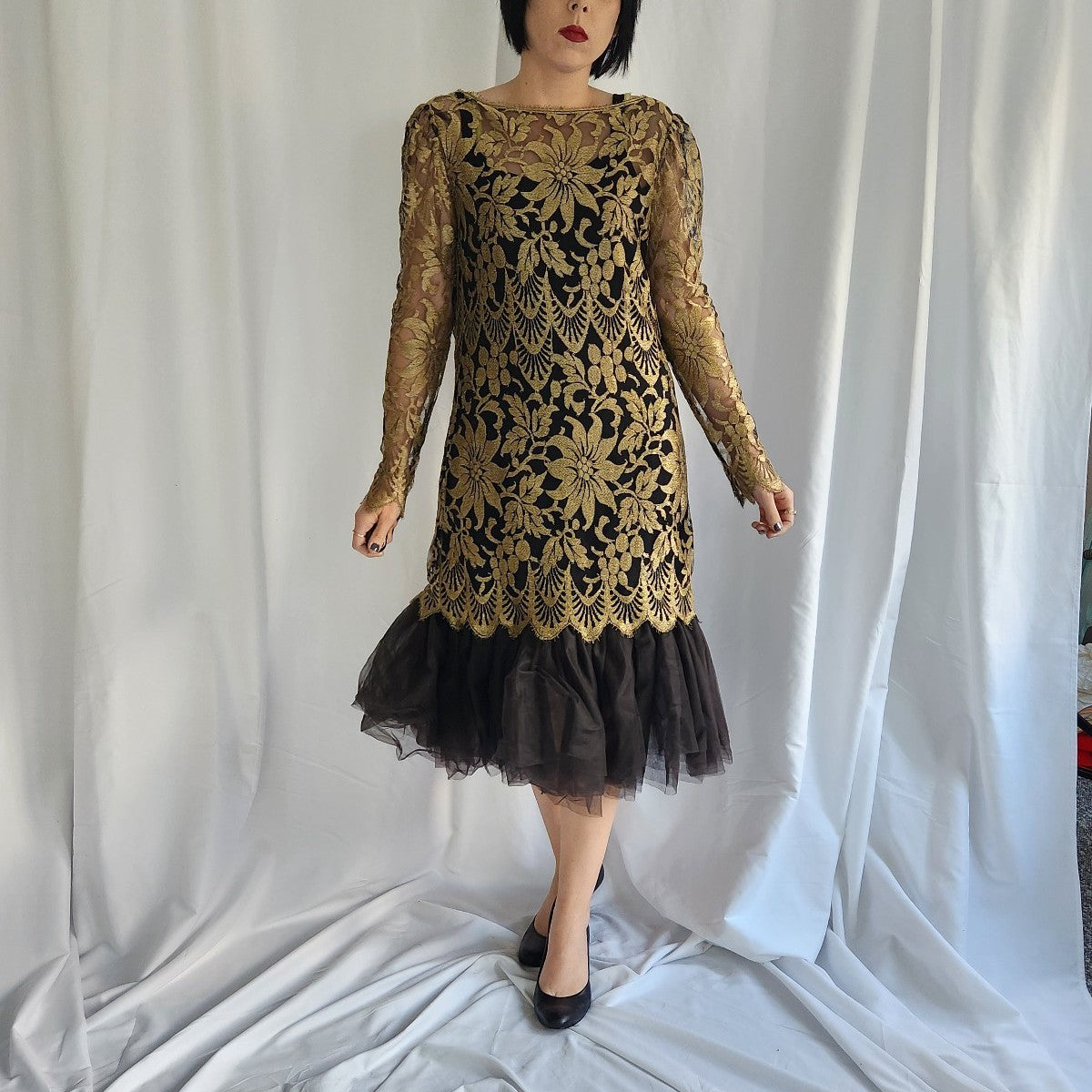 80s Gold and Black Lace Drop Waist Dress