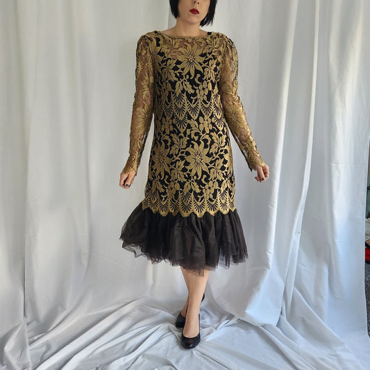 80s Gold and Black Lace Drop Waist Dress