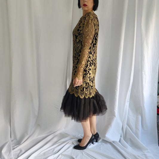 80s Gold and Black Lace Drop Waist Dress