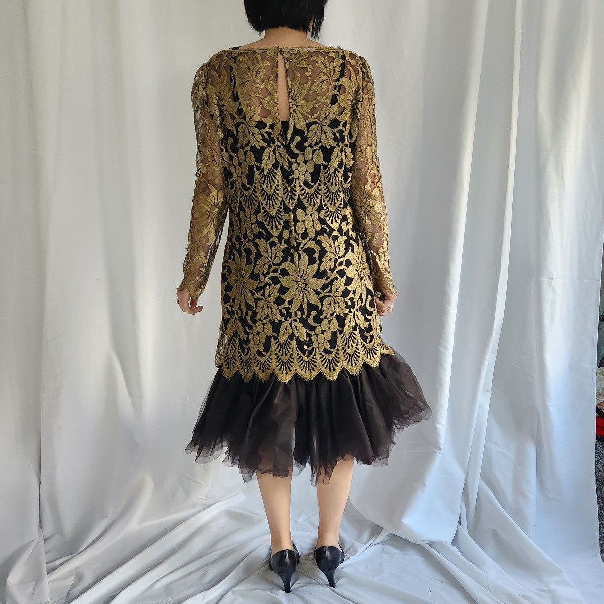 80s Gold and Black Lace Drop Waist Dress