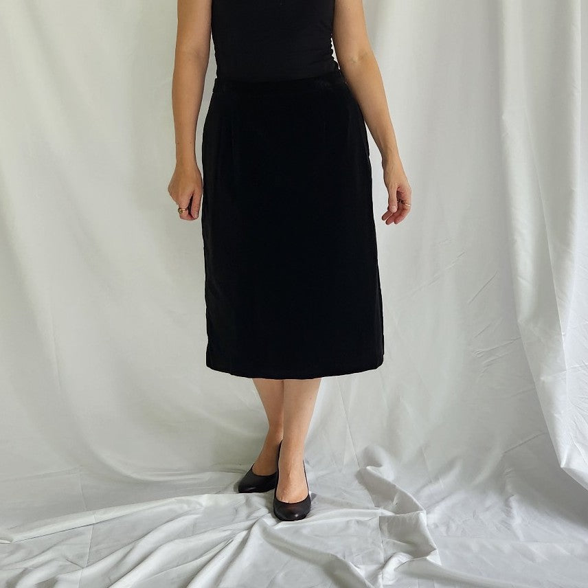 90s Black Velvet Pencil Midi Skirt