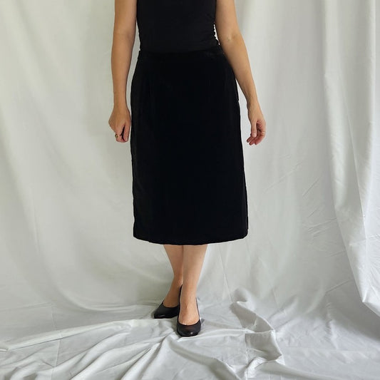 90s Black Velvet Pencil Midi Skirt