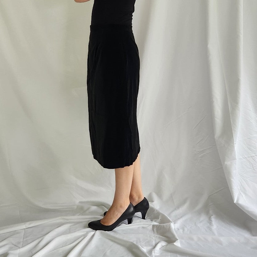 90s Black Velvet Pencil Midi Skirt