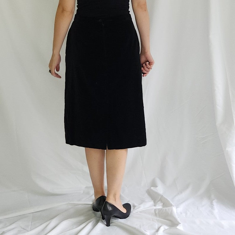 90s Black Velvet Pencil Midi Skirt