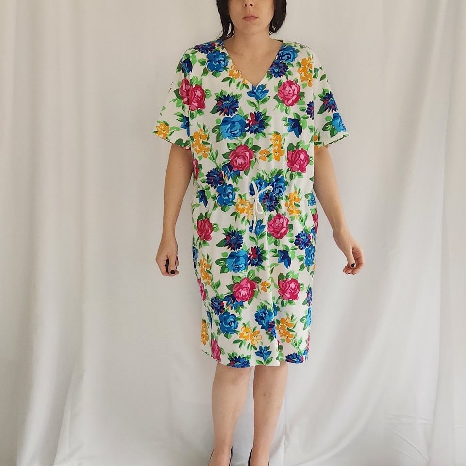 90s Bright Floral Tshirt Dress