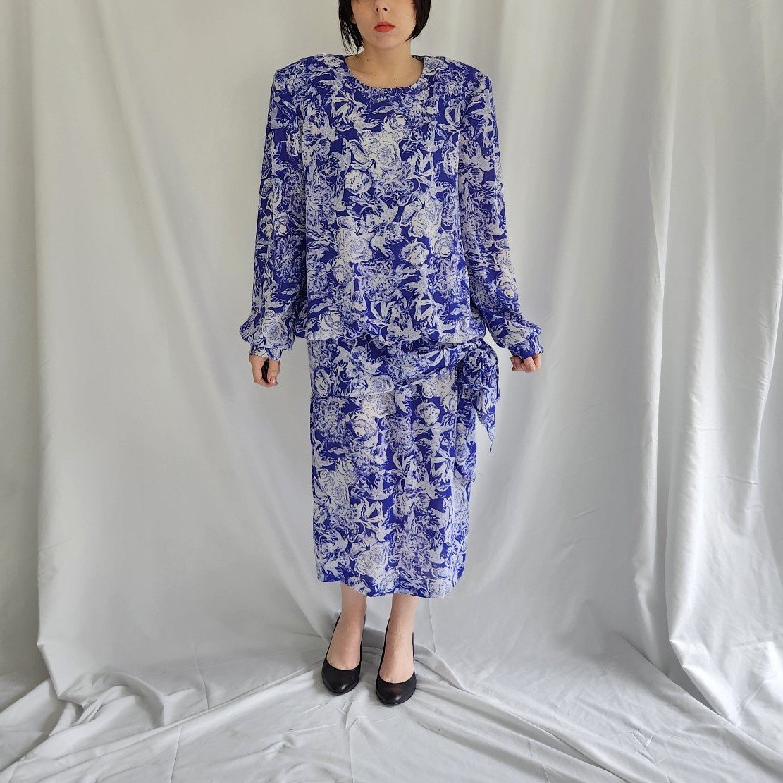 80s Blue and White Drop Waist Dress