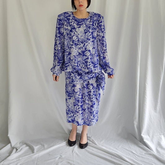 80s Blue and White Drop Waist Dress