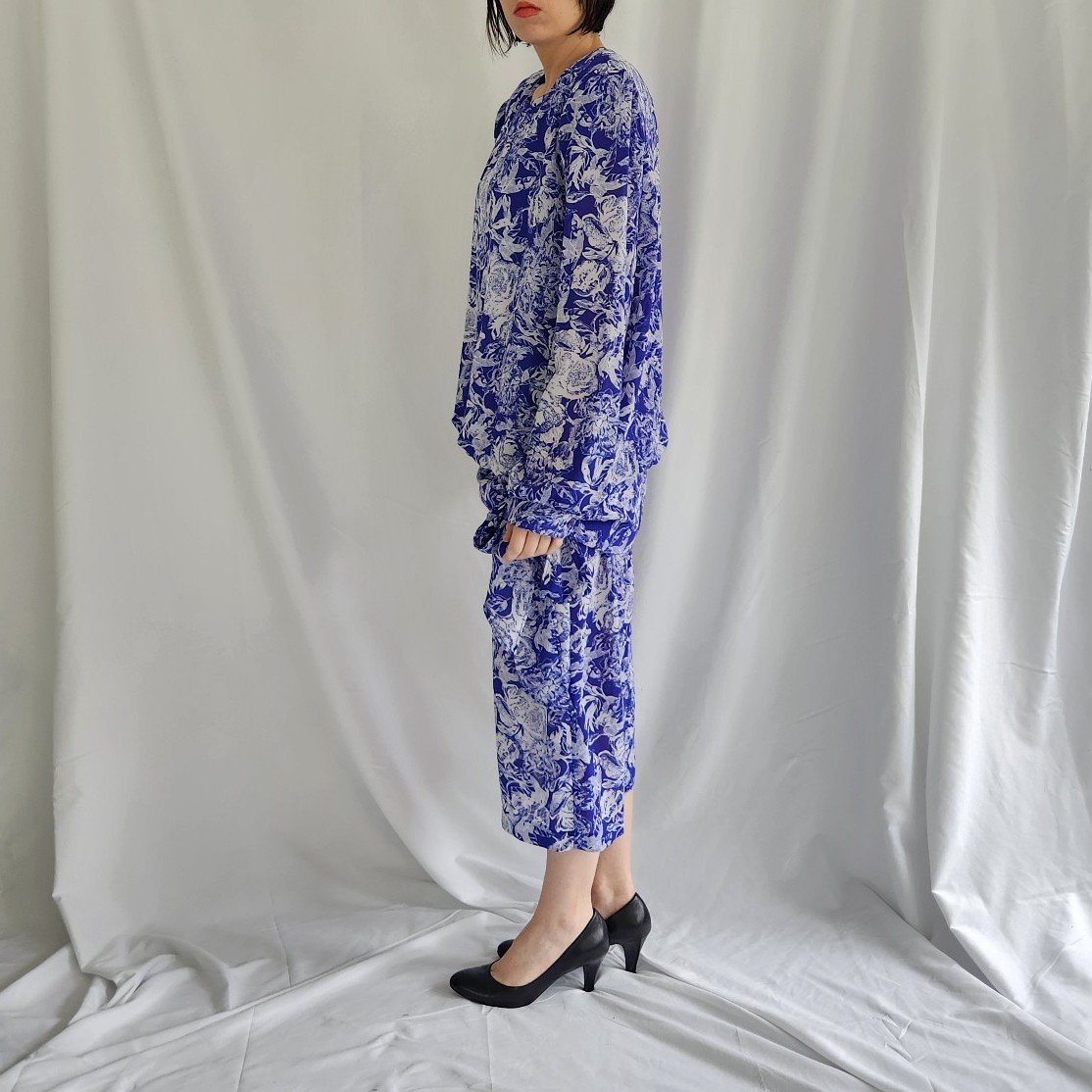 80s Blue and White Drop Waist Dress