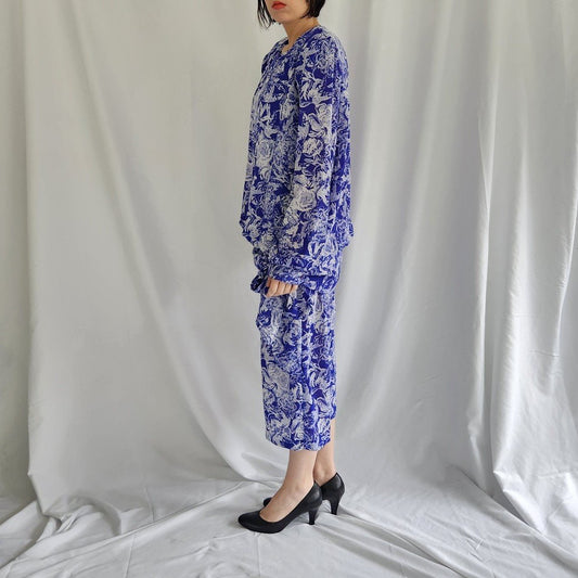 80s Blue and White Drop Waist Dress