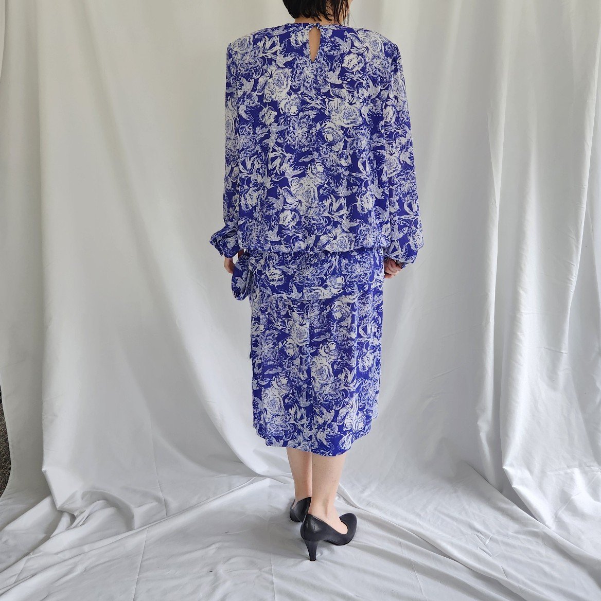 80s Blue and White Drop Waist Dress