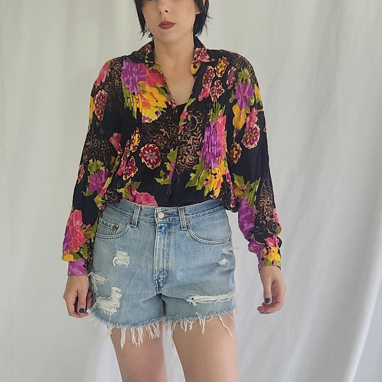 90s Black and Pink Oversize Floral Blouse